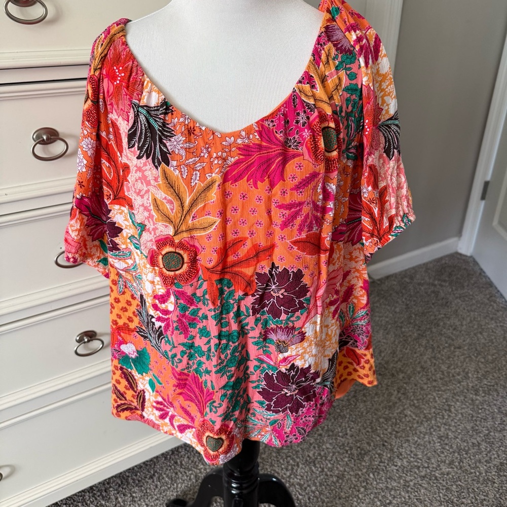 LOFT Vibrant Floral Blouse in Orange and Pink